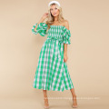 Casual Wear Puff Sleeve Plaid Smocked Midi Dress